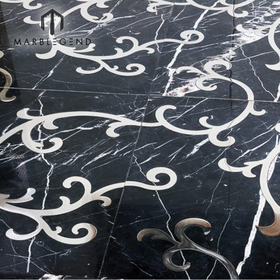 Nero marquina 24X24 marble with stainless steel waterjet mosaic tile