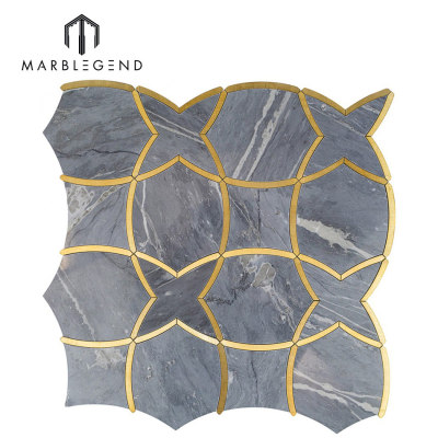 Classic luxury moirai bardiglio marble and brass waterjet mosaic  tile