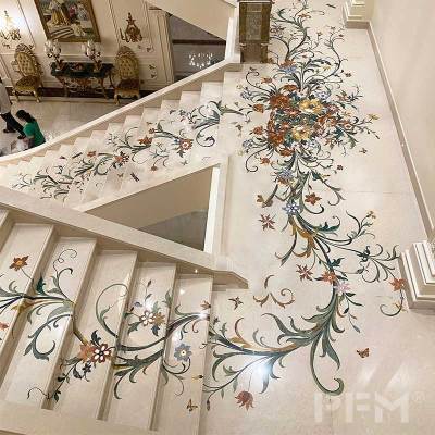 villa interior design water jet marble medallion flooring