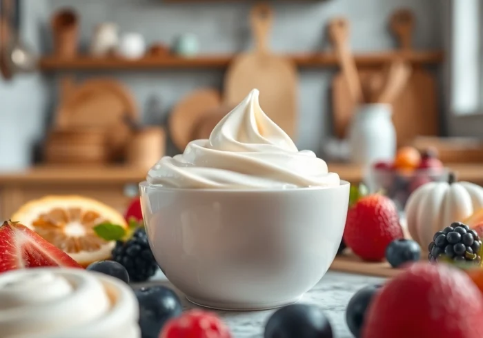 Mousse crèma mousseline op een elegante keukenaanrecht.