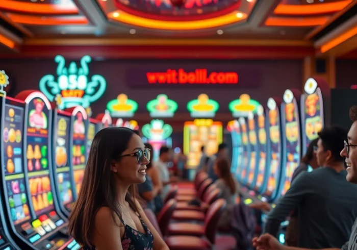 Pemain menikmati bos88 slot dengan penuh semangat di kasino yang mewah.