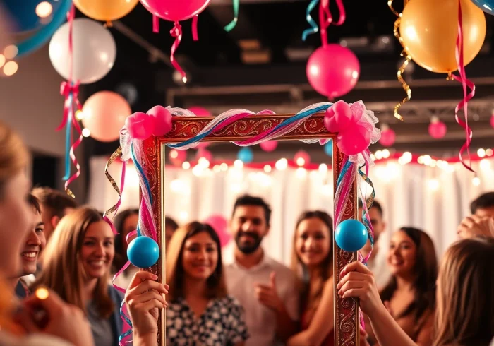 Cherish memories with a colorful photo booth frame surrounded by joyful party guests.