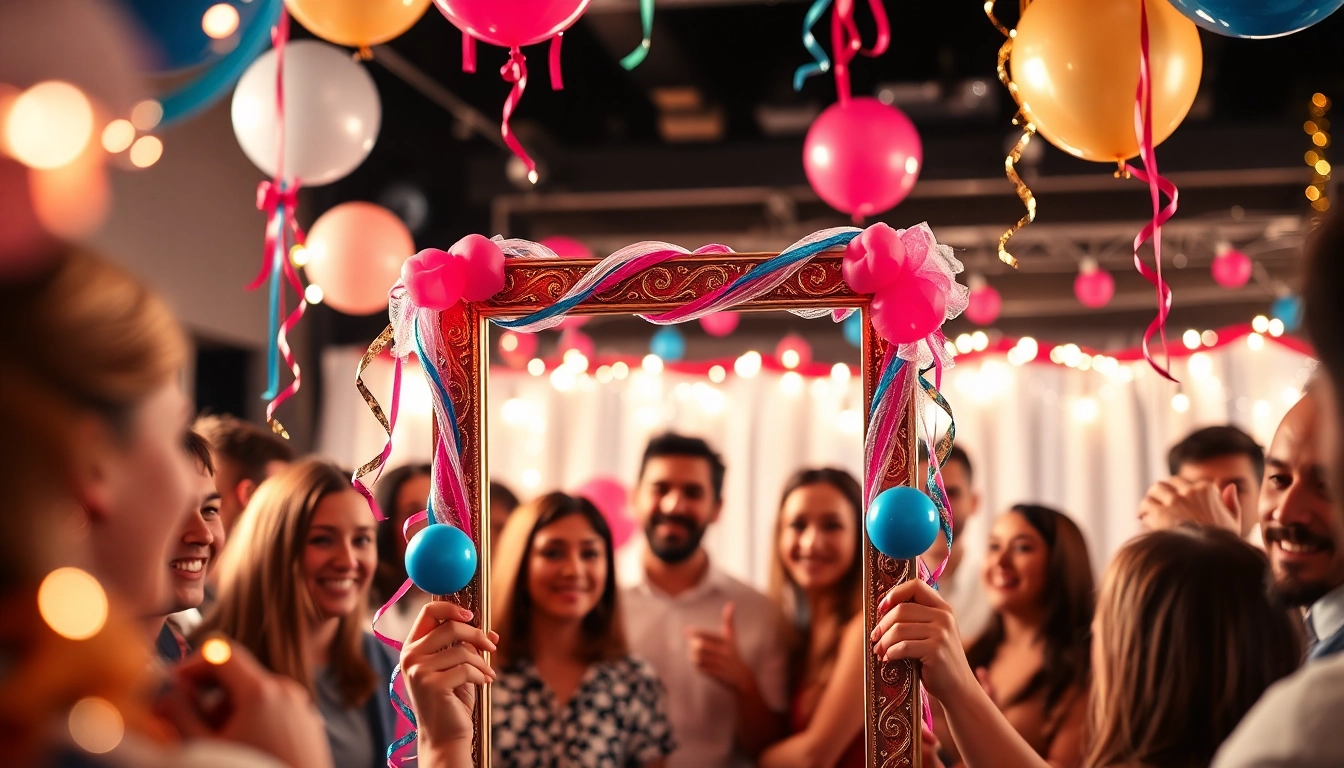 Cherish memories with a colorful photo booth frame surrounded by joyful party guests.