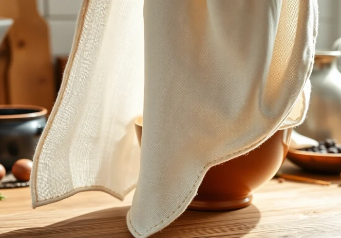 Gebruik van kaasdoek voor het uitlekken van verse kaas in een keuken.