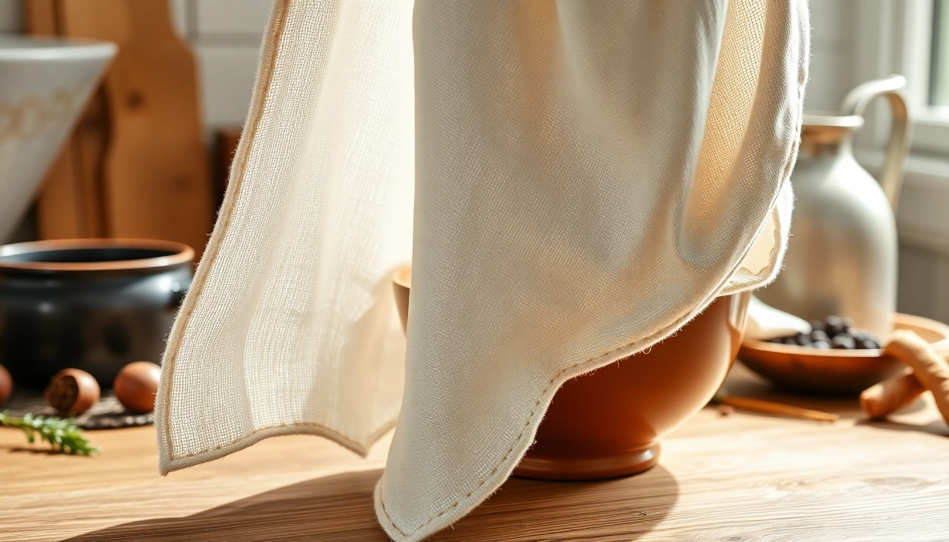 Gebruik van kaasdoek voor het uitlekken van verse kaas in een keuken.