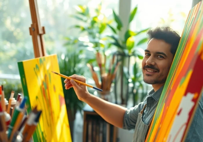Canvas schilderij in het maken door een kunstenaar in een lichte, creatieve studio.