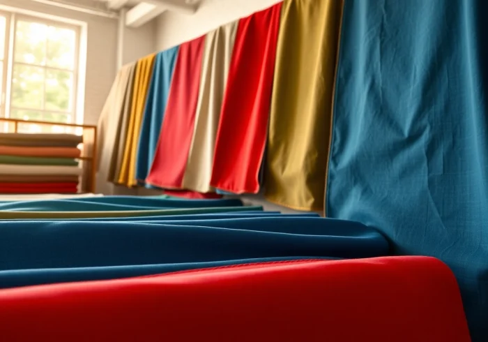 Bekijk canvas stoffen collectie in een lichte showroom met diverse kleuren en texturen.
