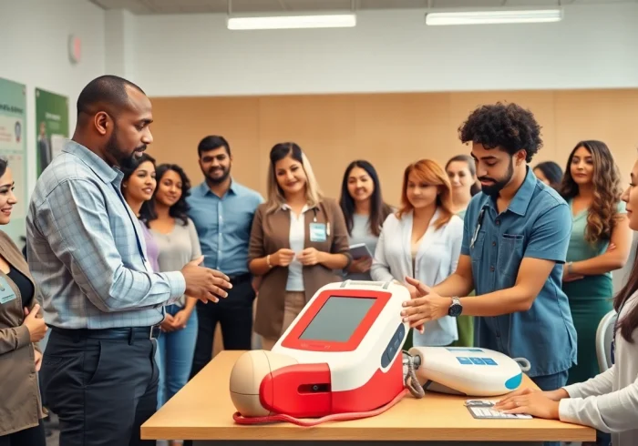 AED certification training session demonstrating CPR techniques with diverse individuals.