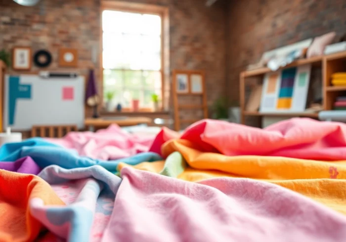 Katoen stoffen in een textielstudio met levendige kleuren en variërende texturen.