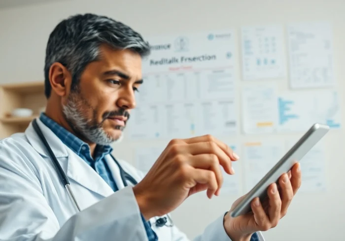 Read eprescribing software reviews featuring a doctor using a tablet in a professional healthcare environment.