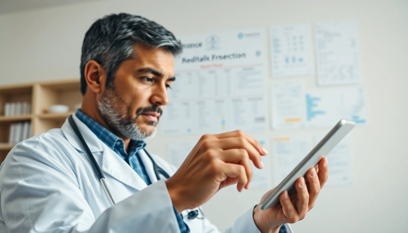 Read eprescribing software reviews featuring a doctor using a tablet in a professional healthcare environment.