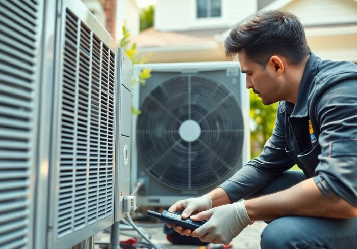 Technician performing ac repair glendale az in a residential setting with professional tools and bright lighting.
