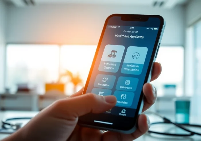 Showcase top rated prescription applications displayed on a smartphone in a professional medical setting.