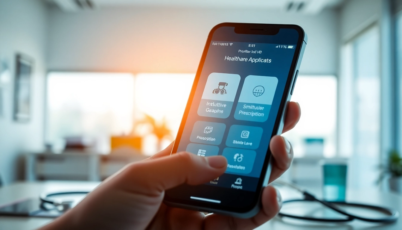 Showcase top rated prescription applications displayed on a smartphone in a professional medical setting.