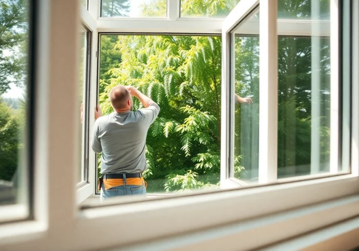Showing window replacement Portland Oregon with a skilled team installing new windows in a sunny Portland home.