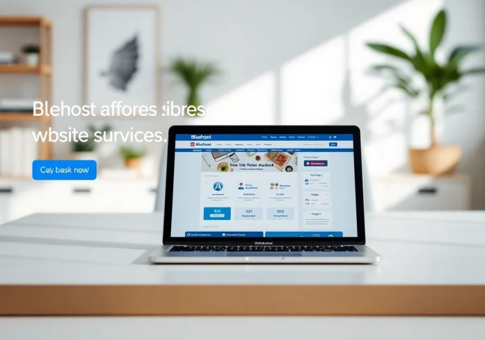 Showcasing Bluehost web hosting services with a modern desktop setup and a welcoming atmosphere.