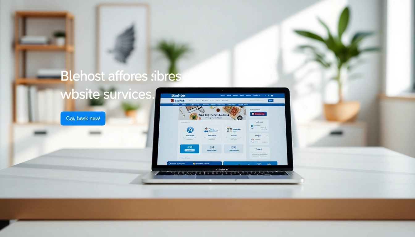 Showcasing Bluehost web hosting services with a modern desktop setup and a welcoming atmosphere.