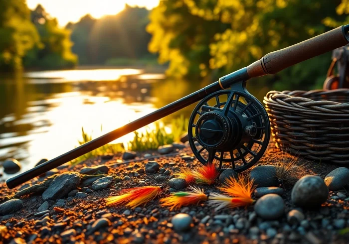 Highlighting a Fly fishing combo setup on a riverbank with vibrant colors, inviting anglers to explore.