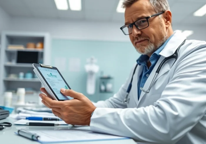 Using the best eprescription apps, a doctor efficiently sends prescriptions from a tablet in a modern clinic.