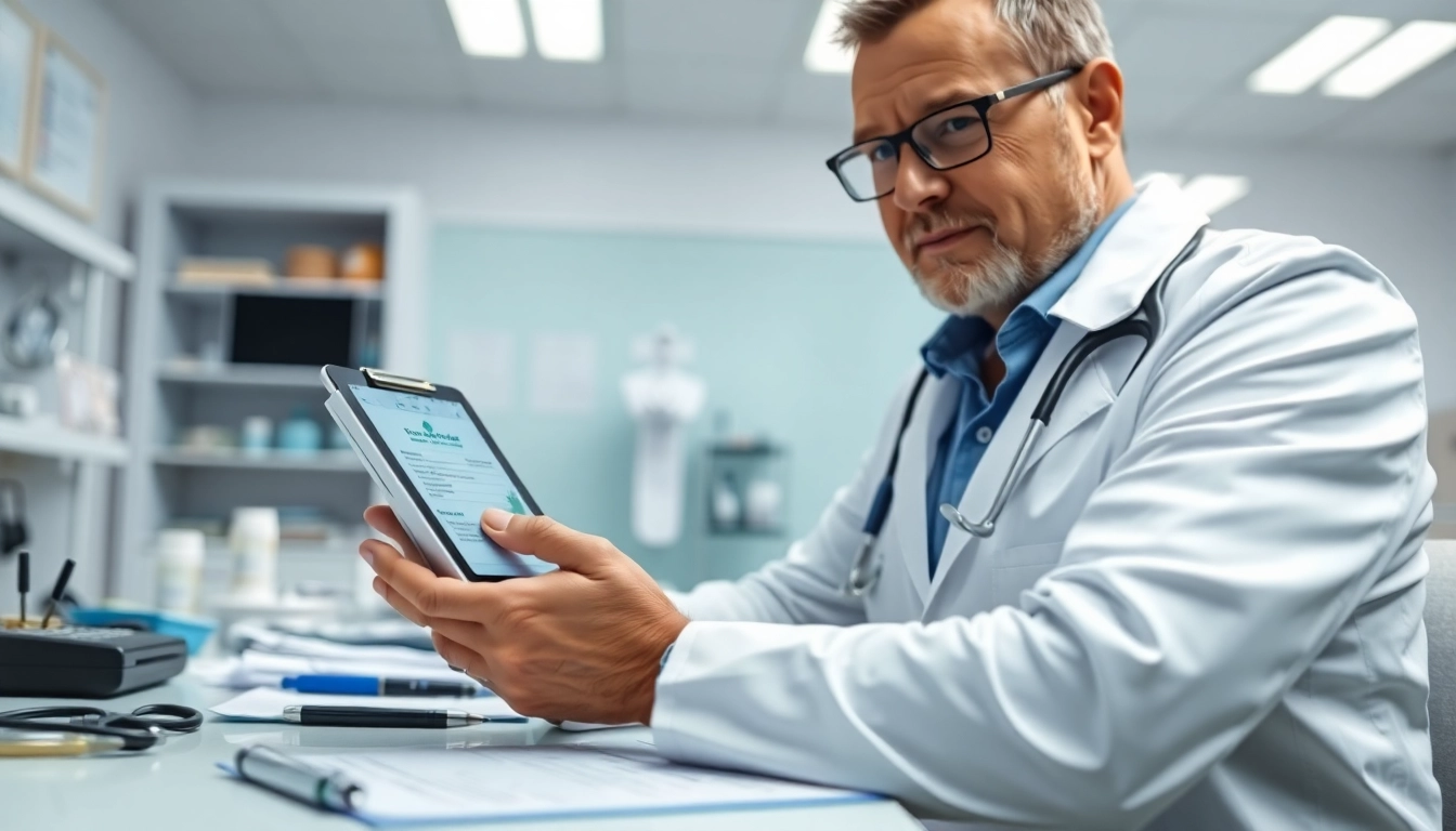 Using the best eprescription apps, a doctor efficiently sends prescriptions from a tablet in a modern clinic.